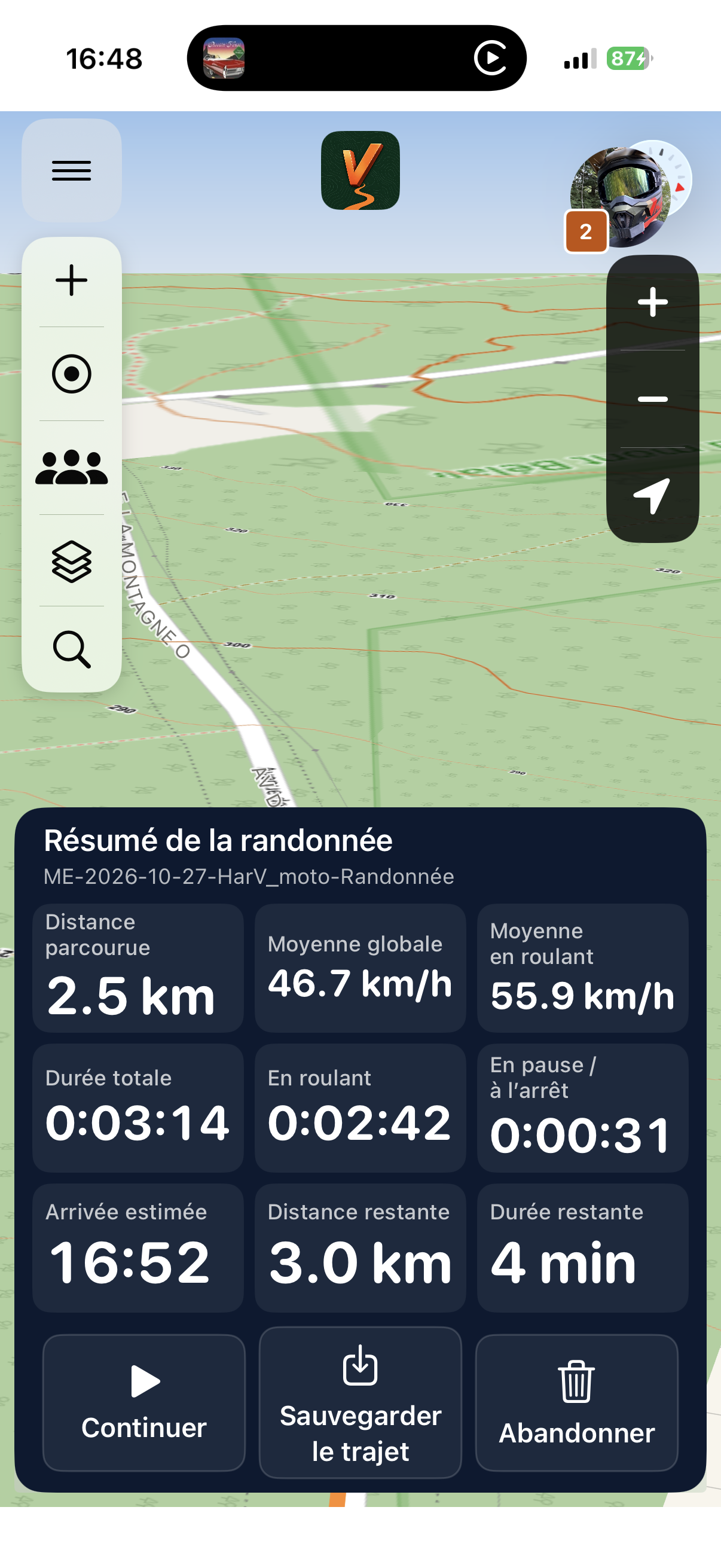 Résumé HarVride affichant distance, vitesses moyennes et durée de la randonnée