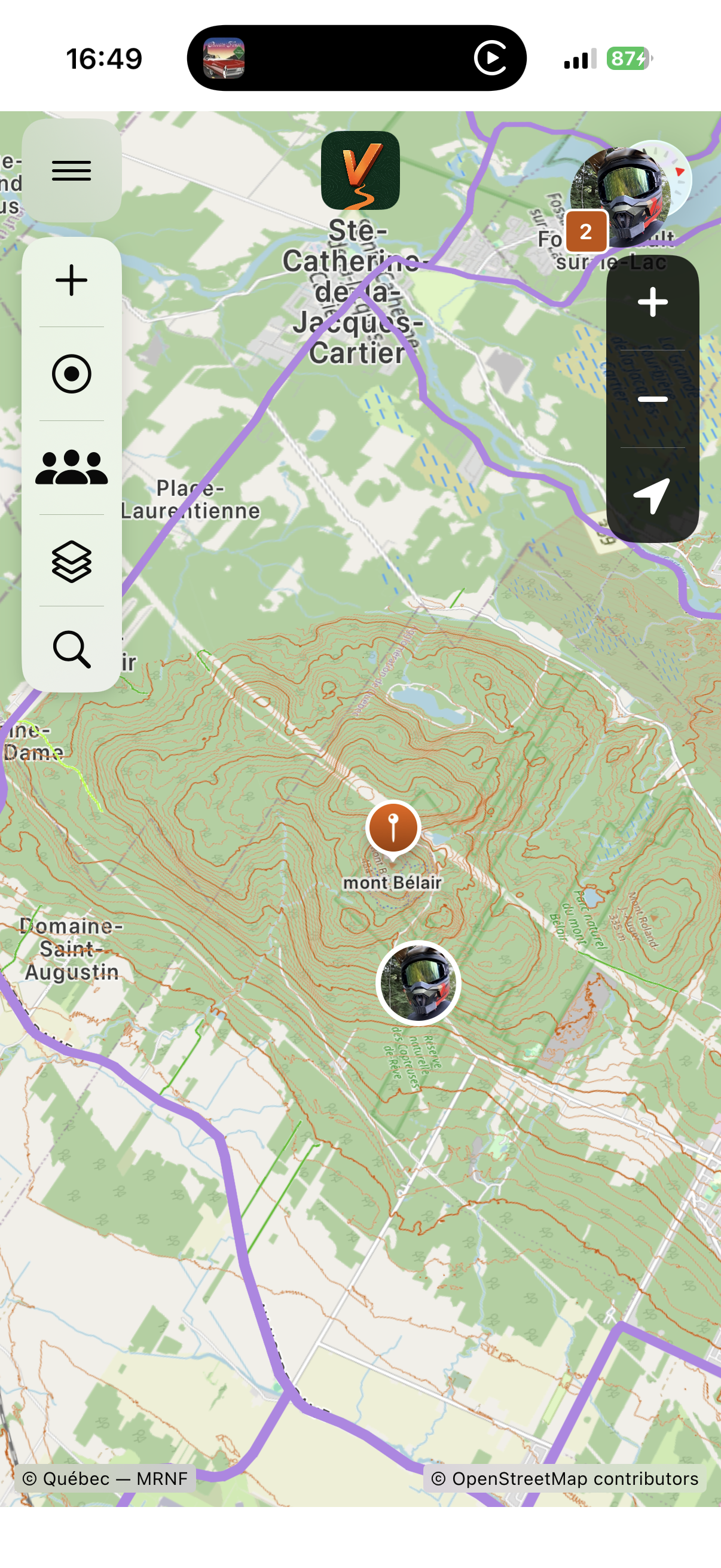 Carte topographique HarVride avec le profil et un point d’intérêt au mont Bélair