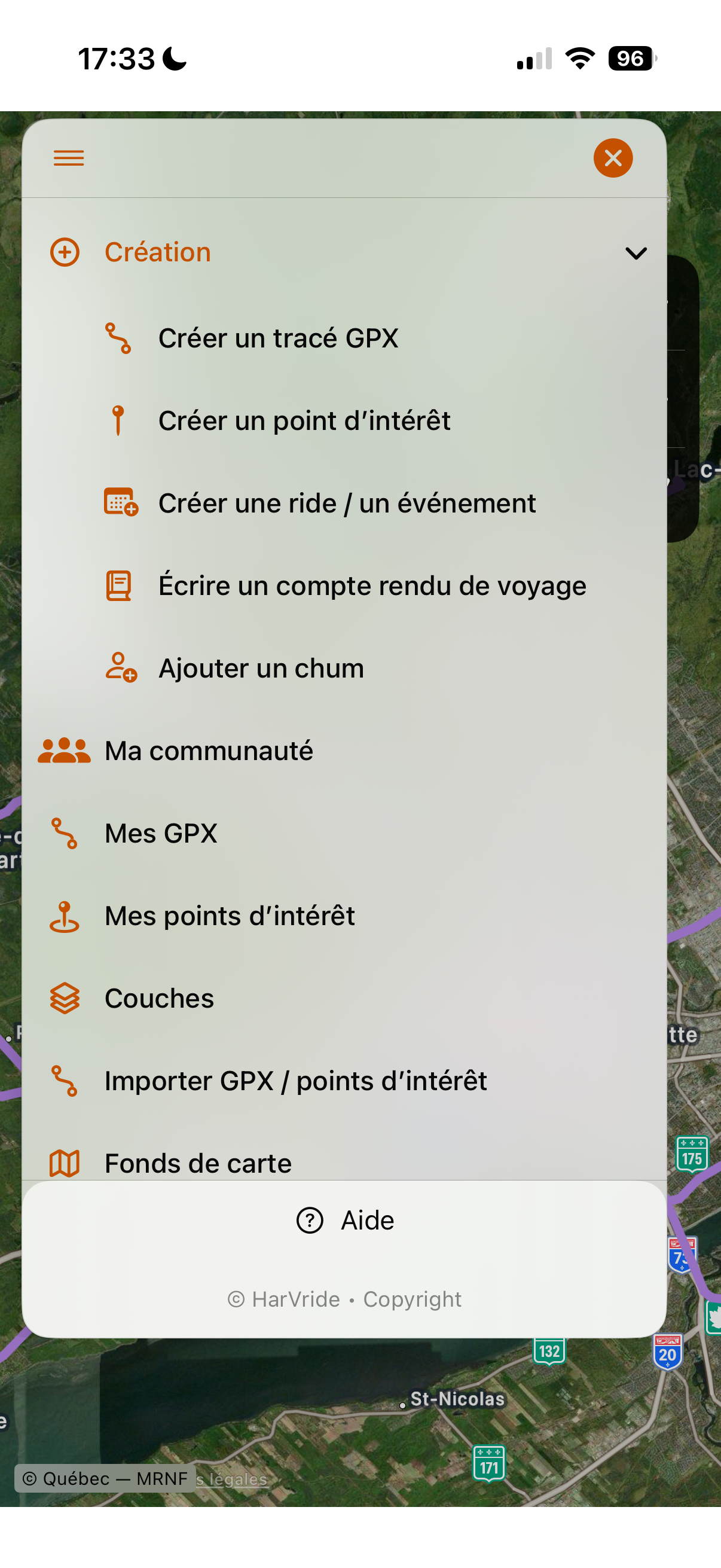 Menu HarVride : créer un GPX, un point d’intérêt, une ride, un compte rendu ou ajouter un chum