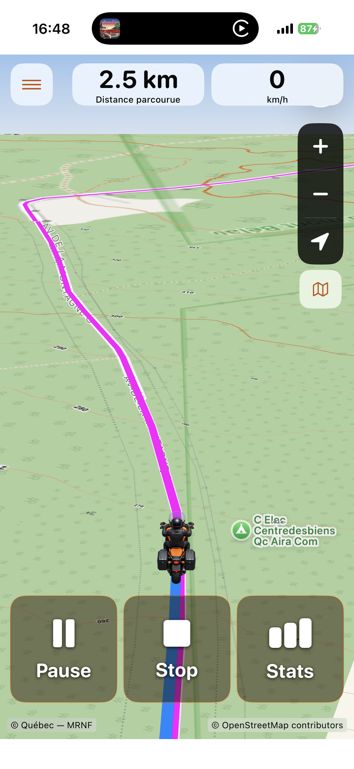 Navigation HarVride en perspective, avec le parcours et le repère moto