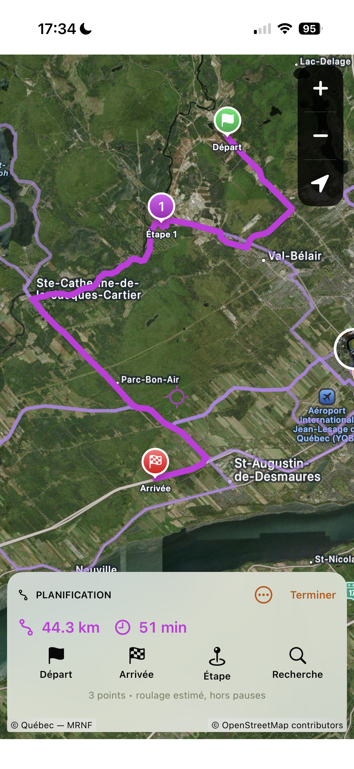 Planification HarVride : départ, étape et arrivée sur un parcours de 44,3 km